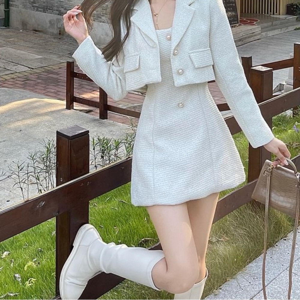 Almond color A line elegant dress with cropped blazer size S